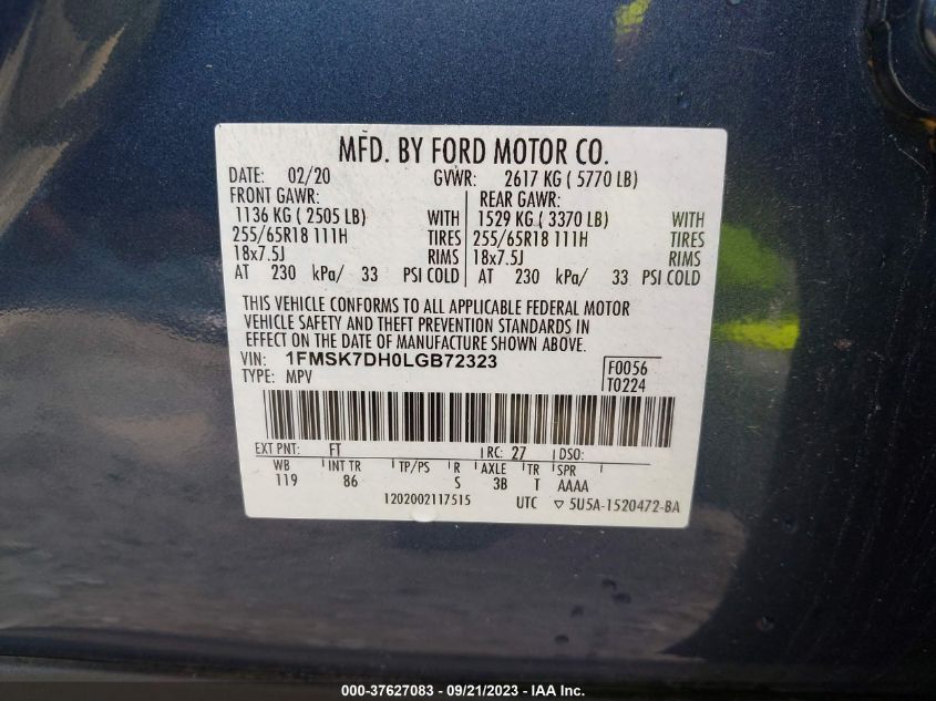 2020 FORD EXPLORER XLT - 1FMSK7DH0LGB72323