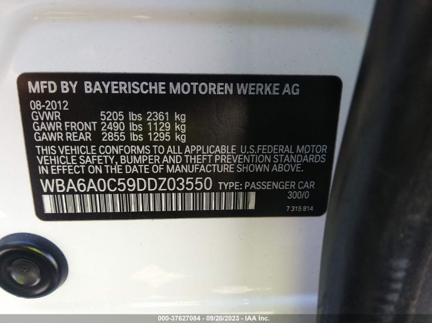 2013 BMW 6 SERIES 640I WBA6A0C59DDZ03550