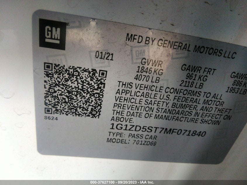 VIN 1G1ZD5ST7MF071840 2021 CHEVROLET MALIBU LT