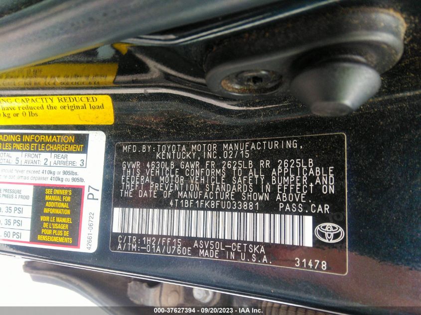 2015 TOYOTA CAMRY XLE/SE/LE/XSE - 4T1BF1FK8FU033881
