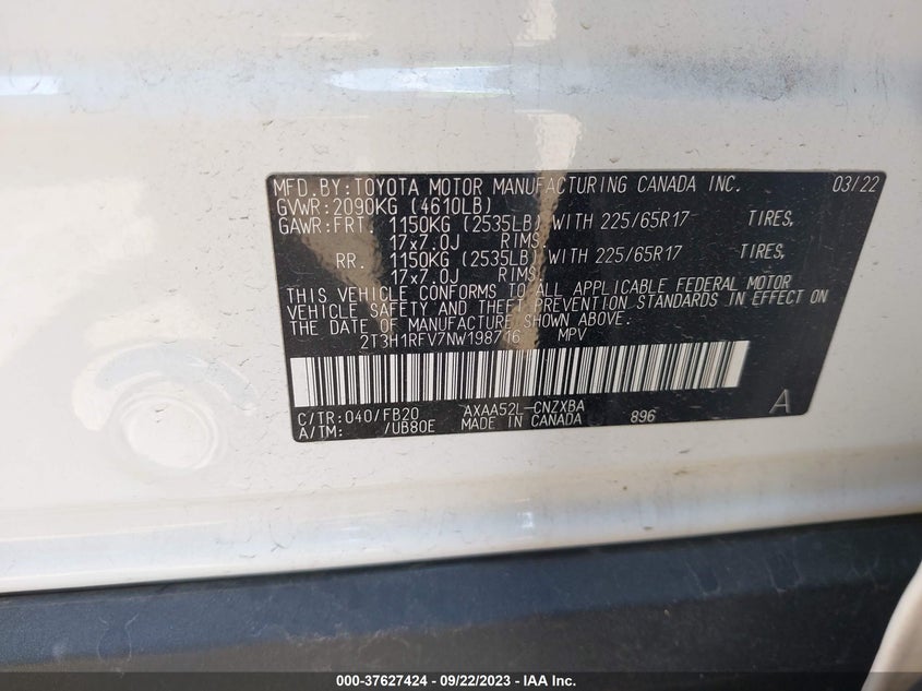 VIN 2T3H1RFV7NW198716 2022 TOYOTA RAV4 LE
