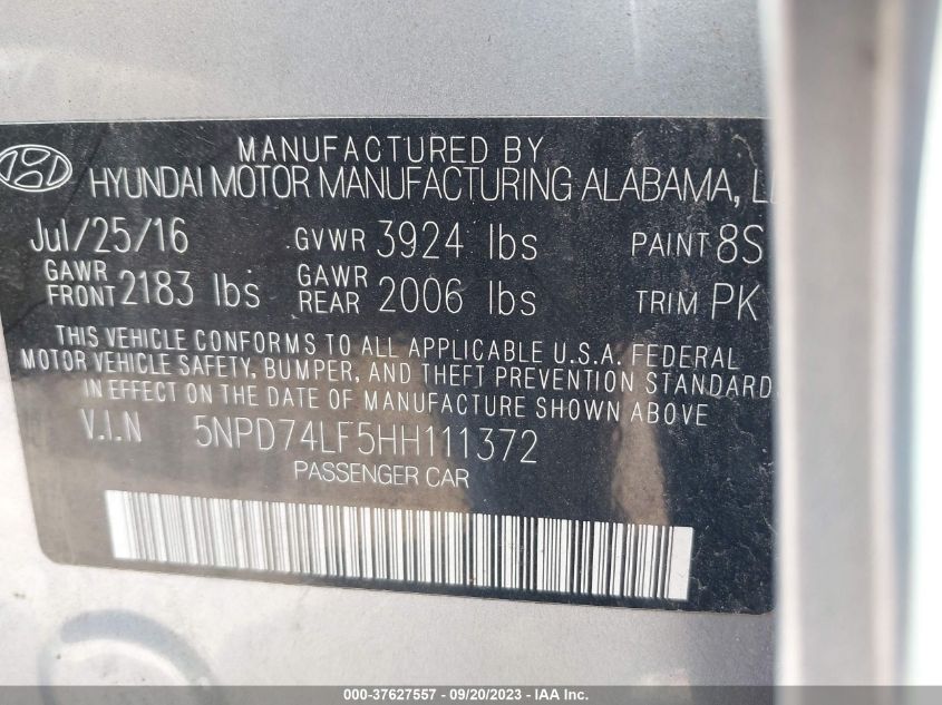 2017 HYUNDAI ELANTRA SE - 5NPD74LF5HH111372