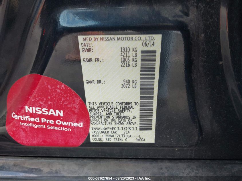 2015 NISSAN ALTIMA 2.5/S/SV/SL - 1N4AL3AP9FC110311