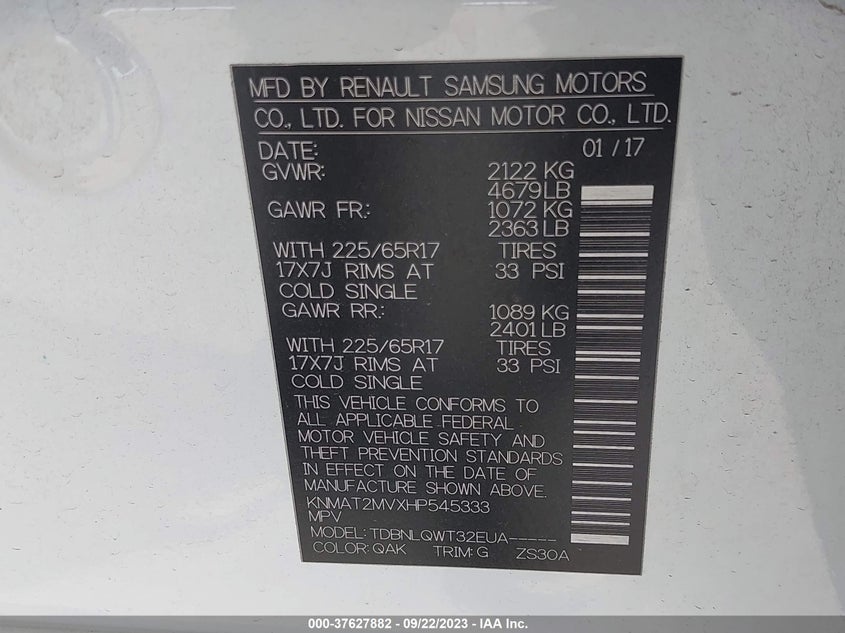 VIN KNMAT2MVXHP545333 2017 NISSAN ROGUE S/SV