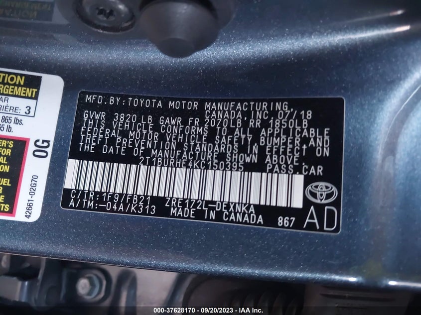 VIN 2T1BURHE4KC150395 2019 TOYOTA COROLLA L/LE/XLE/SE/XSE