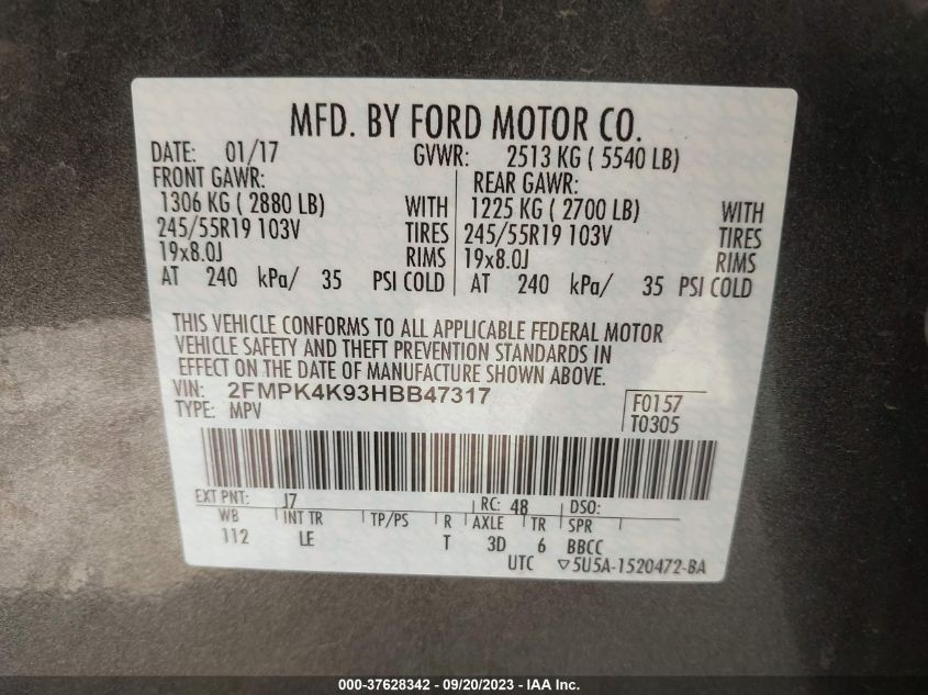 2FMPK4K93HBB47317 2017 FORD EDGE, photo no. 9