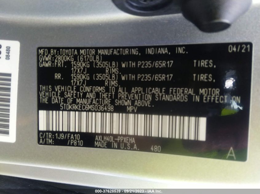 5TDKRKEC6MS036498 2021 TOYOTA SIENNA, photo no. 9