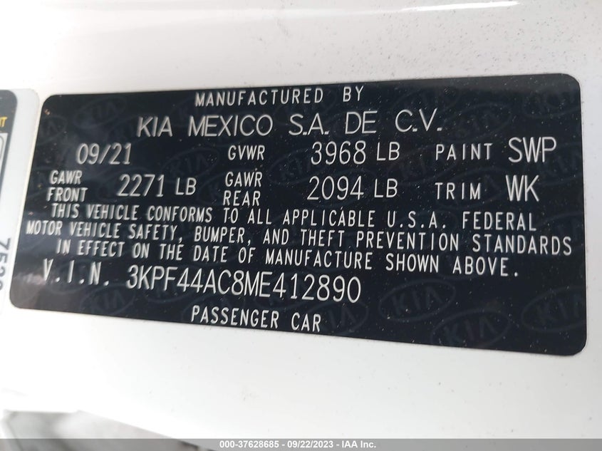 VIN 3KPF44AC8ME412890 2021 KIA FORTE GT