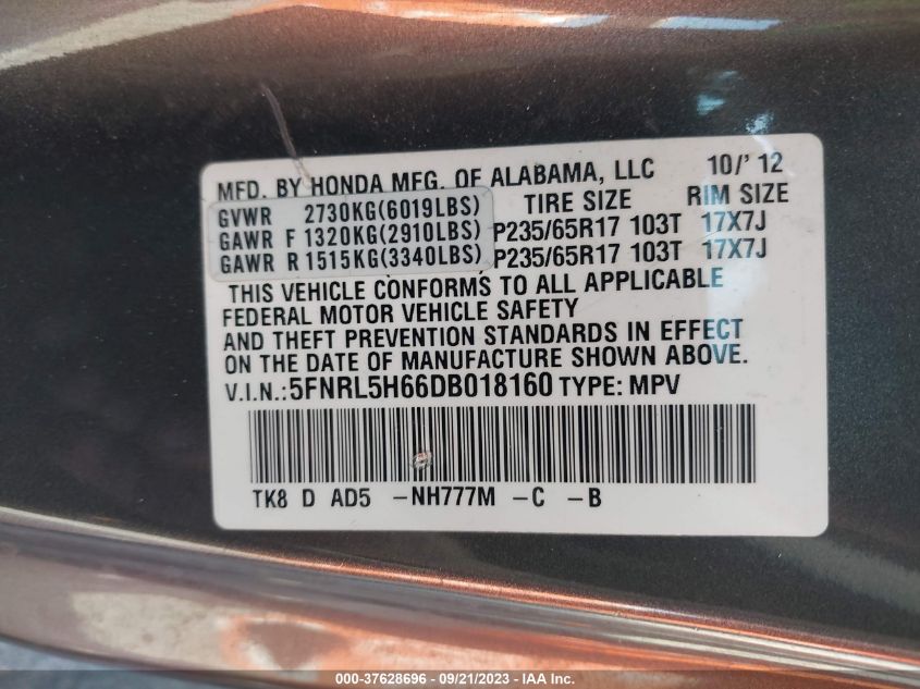 2013 HONDA ODYSSEY EX-L - 5FNRL5H66DB018160