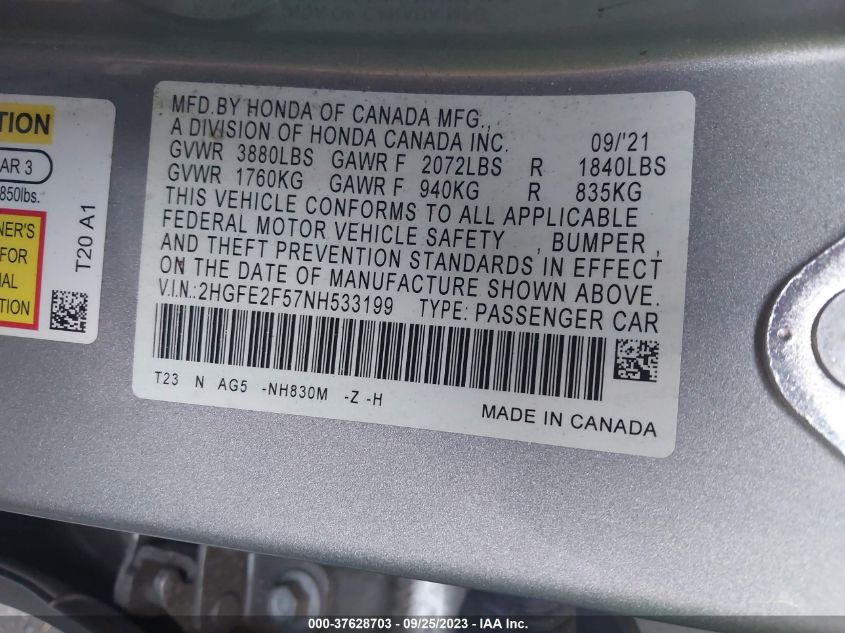 2022 HONDA CIVIC SPORT - 2HGFE2F57NH533199