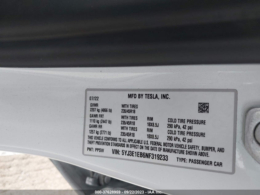 VIN 5YJ3E1EB6NF319233 2022 TESLA MODEL 3