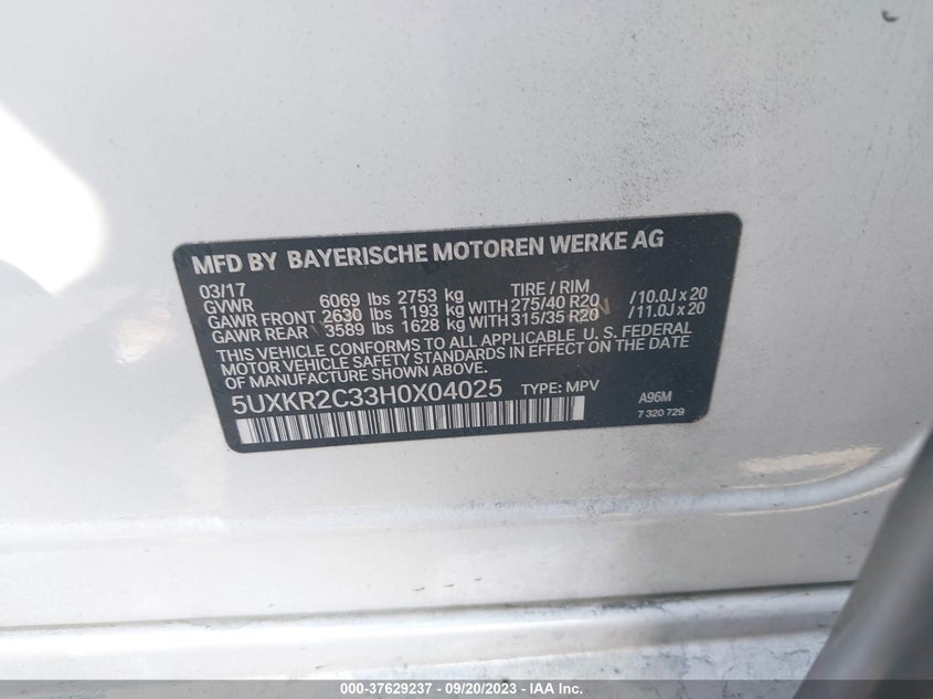VIN 5UXKR2C33H0X04025 2017 BMW X5 SDRIVE35I