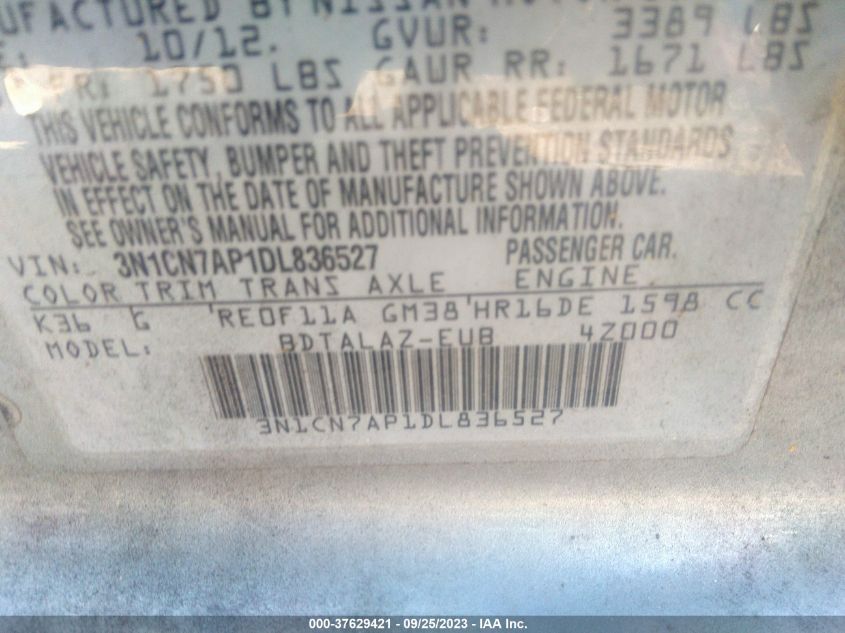 2013 NISSAN VERSA S PLUS - 3N1CN7AP1DL836527
