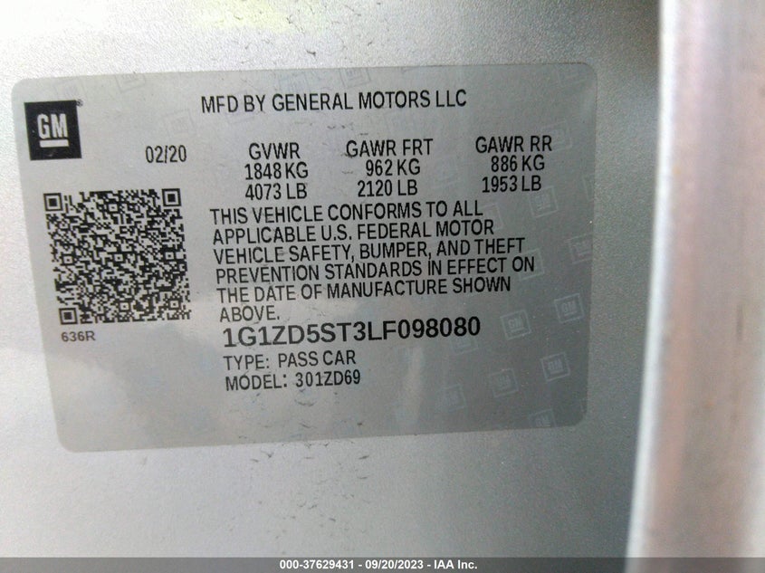 VIN 1G1ZD5ST3LF098080 2020 CHEVROLET MALIBU LT