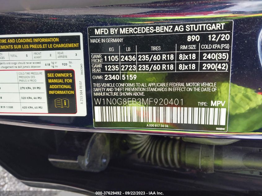 2021 MERCEDES-BENZ GLC 300 SUV - W1N0G8EB3MF920401