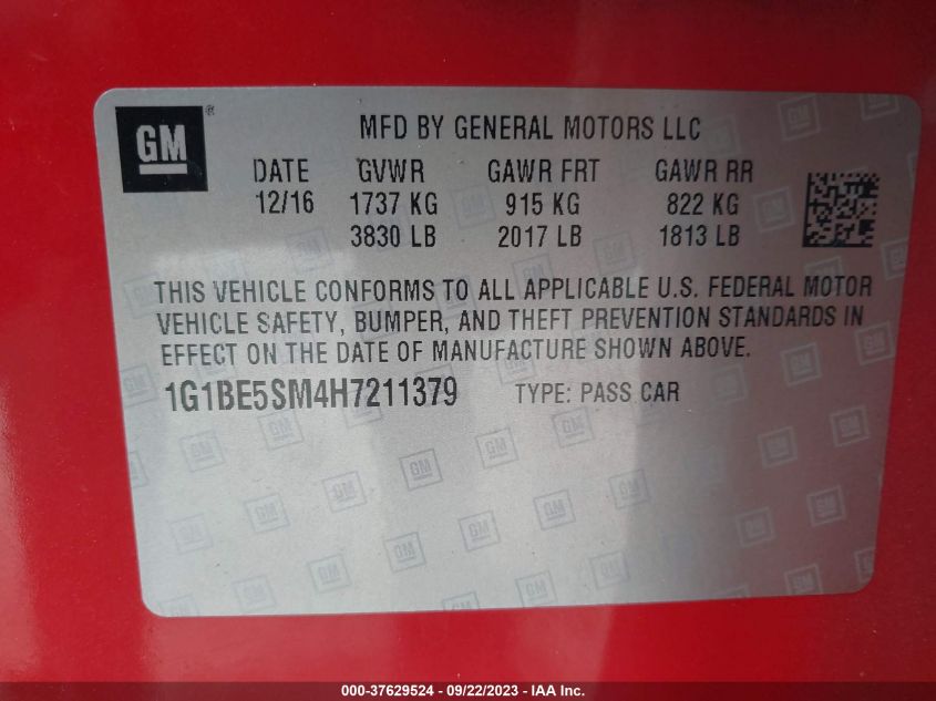 2017 CHEVROLET CRUZE LT - 1G1BE5SM4H7211379