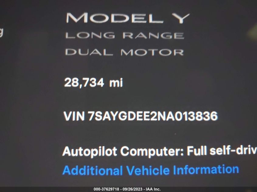 2022 TESLA MODEL Y LONG RANGE - 7SAYGDEE2NA013836