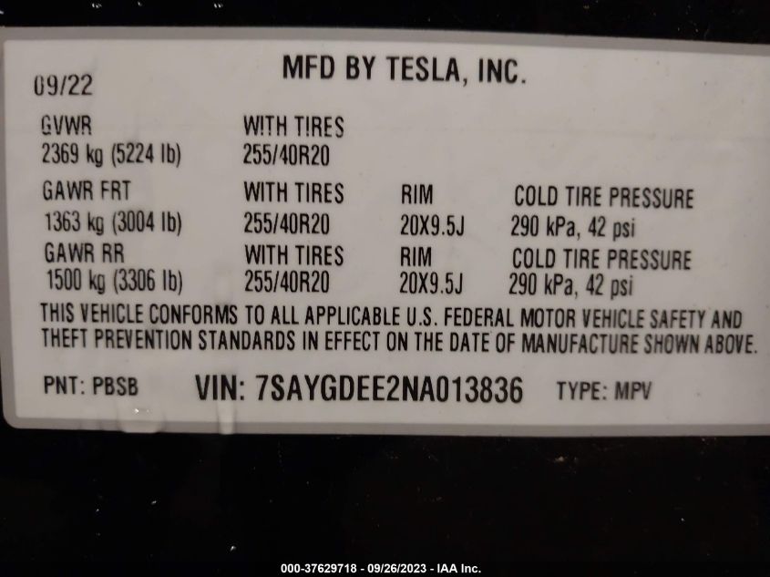 2022 TESLA MODEL Y LONG RANGE - 7SAYGDEE2NA013836