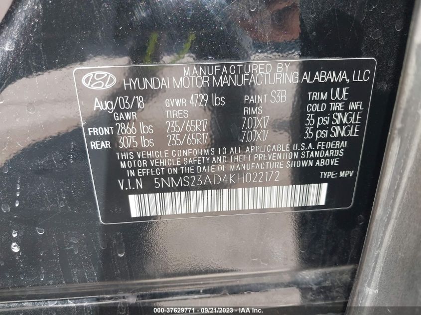 2019 HYUNDAI SANTA FE SE - 5NMS23AD4KH022172