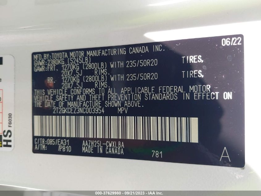 2022 LEXUS NX 350H 2T2GKCEZ3NC003954