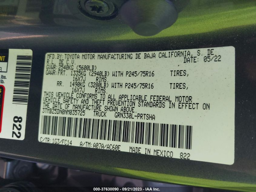 2022 TOYOTA TACOMA 2WD SR5/TRD SPORT 3TMBZ5DN0NM035725