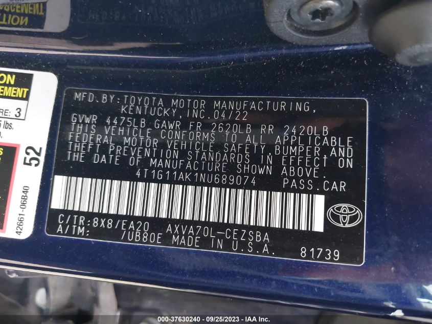 2022 TOYOTA CAMRY SE - 4T1G11AK1NU689074
