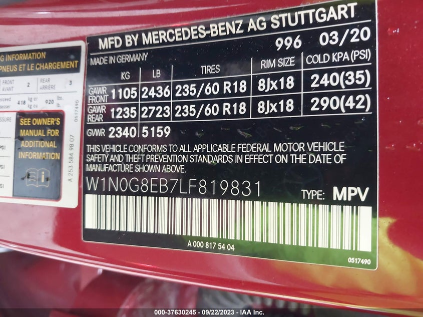 VIN W1N0G8EB7LF819831 2020 MERCEDES-BENZ GLC GLC 300