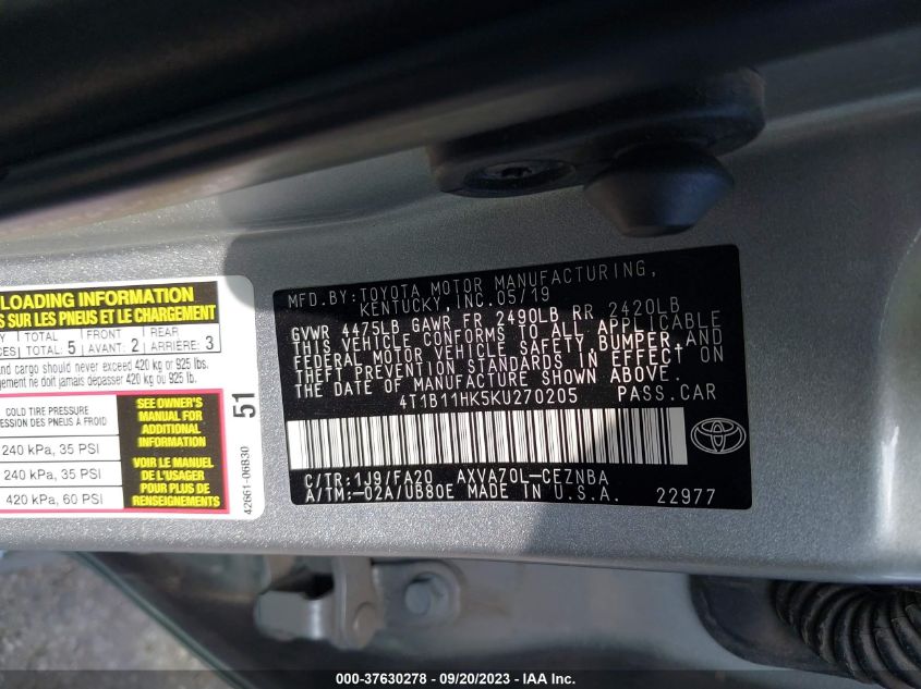 2019 TOYOTA CAMRY L/LE/XLE/SE/XSE - 4T1B11HK5KU270205