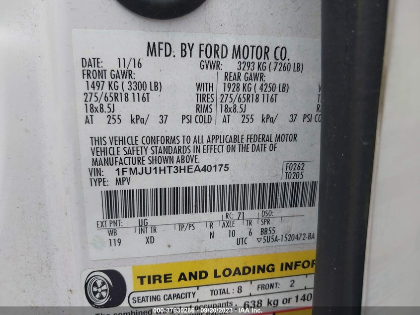 VIN 1FMJU1HT3HEA40175 2017 FORD EXPEDITION XLT/KING RANCH