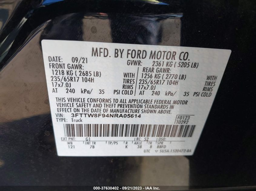 2022 FORD MAVERICK XL/XLT/LARIAT - 3FTTW8F94NRA05614