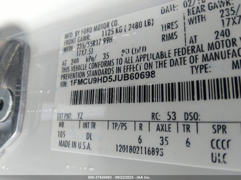 2018 FORD ESCAPE SEL - 1FMCU9HD5JUB60698