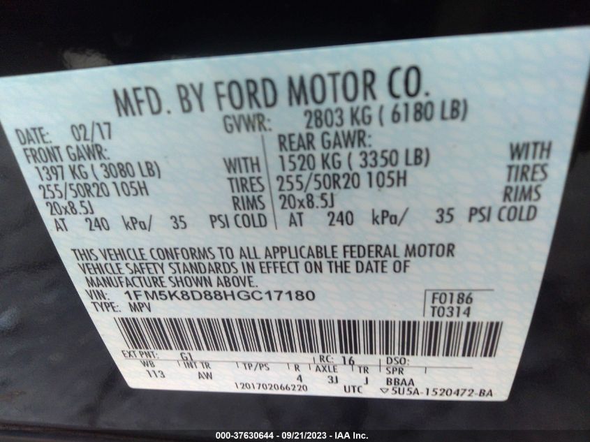 2017 FORD EXPLORER XLT - 1FM5K8D88HGC17180