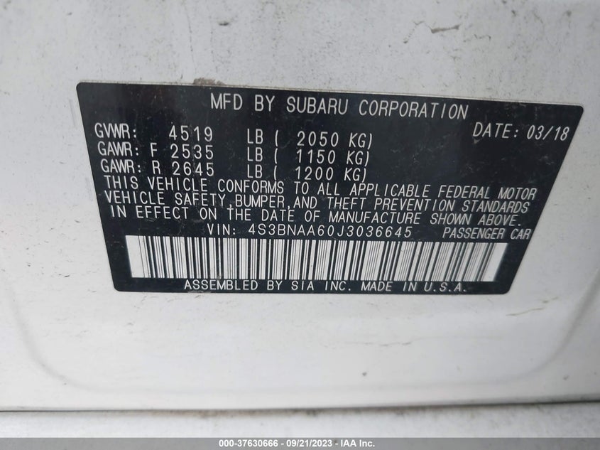 VIN 4S3BNAA60J3036645 2018 SUBARU LEGACY