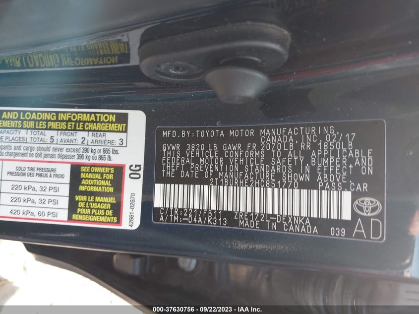 VIN 2T1BURHE2HC851770 2017 TOYOTA COROLLA L/LE/XLE/SE