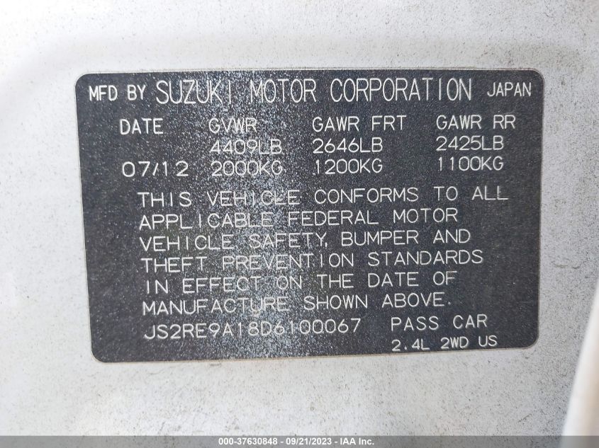 2013 SUZUKI KIZASHI BASE JS2RE9A18D6100067