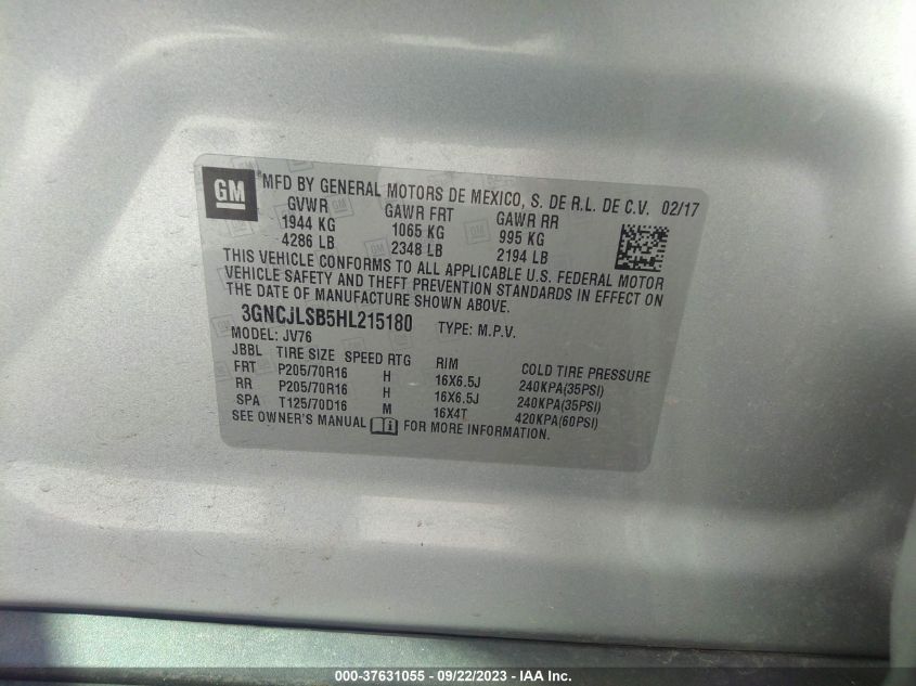 2017 CHEVROLET TRAX LT - 3GNCJLSB5HL215180