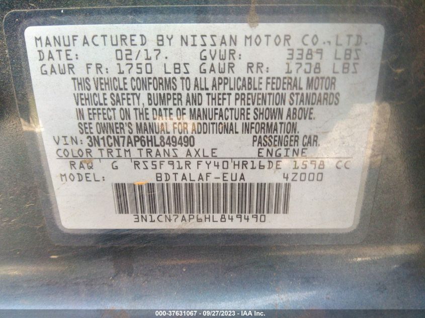 2017 NISSAN VERSA SEDAN S 3N1CN7AP6HL849490