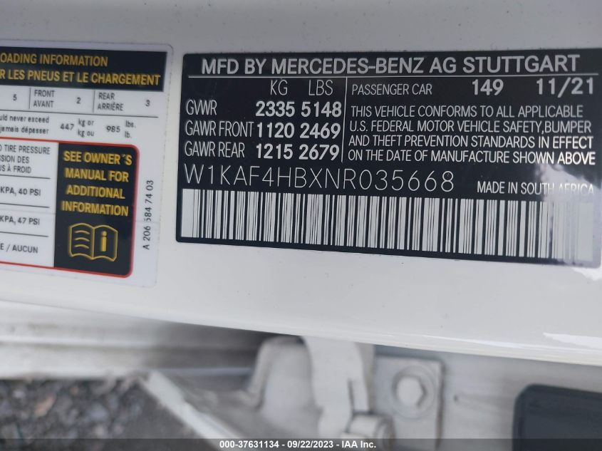 VIN W1KAF4HBXNR035668 2022 MERCEDES-BENZ C-CLASS C 300