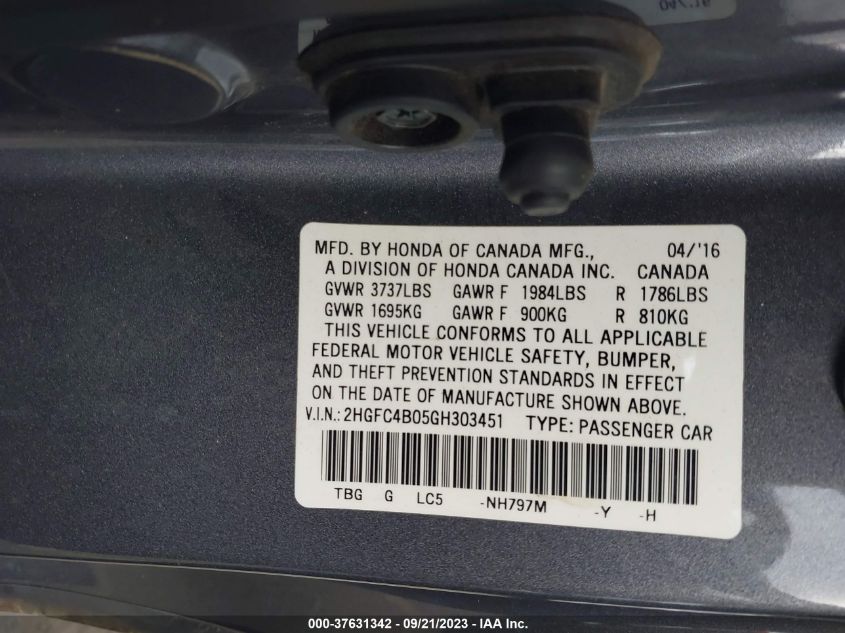 2016 HONDA CIVIC COUPE LX-P - 2HGFC4B05GH303451