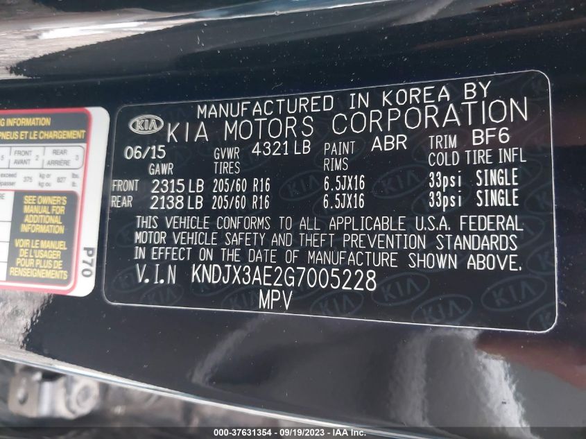 2016 KIA SOUL EV + KNDJX3AE2G7005228