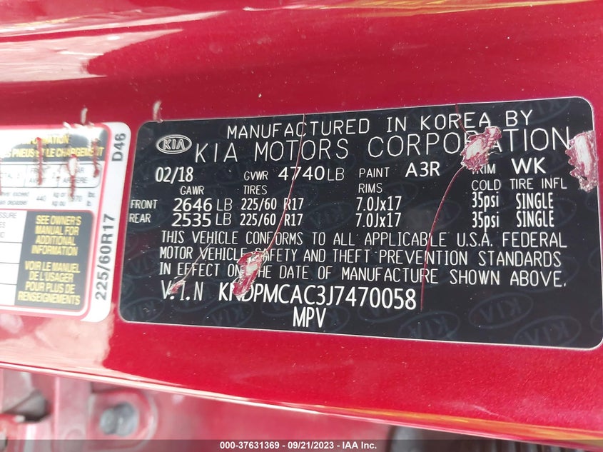 VIN KNDPMCAC3J7470058 2018 KIA SPORTAGE LX