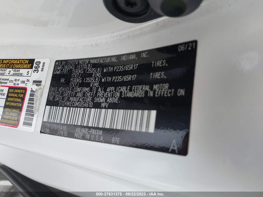 VIN 5TDYRKEC6MS054610 2021 TOYOTA SIENNA XLE