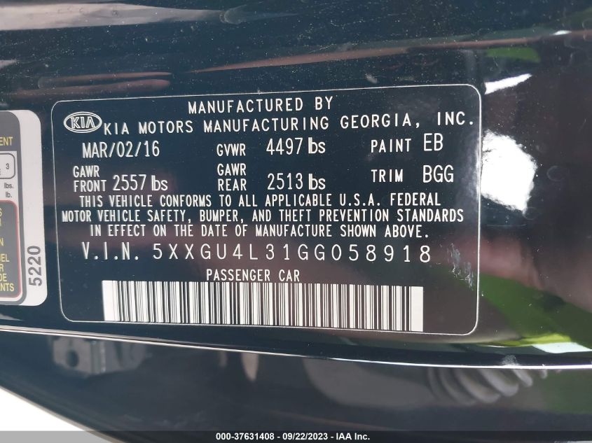 2016 KIA OPTIMA EX - 5XXGU4L31GG058918