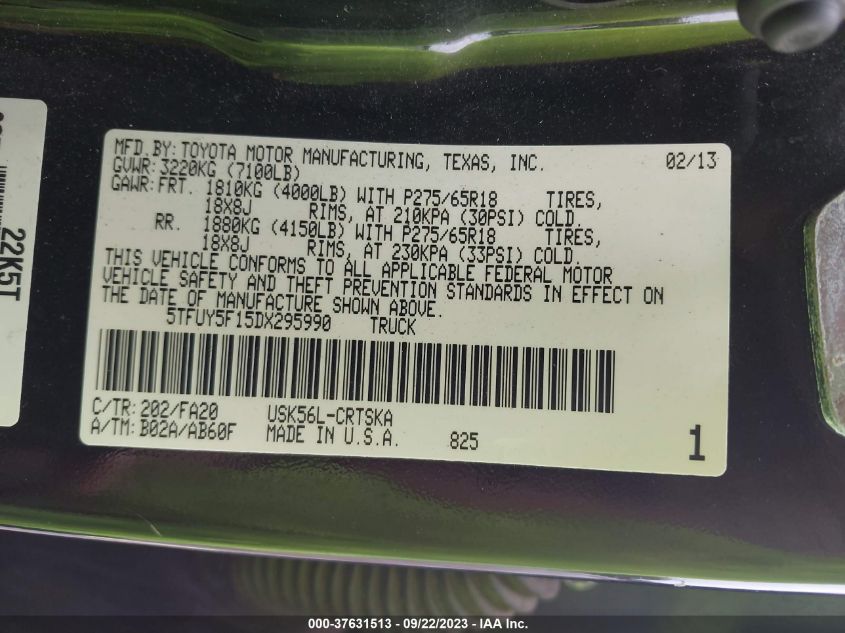 2013 TOYOTA TUNDRA 4WD TRUCK - 5TFUY5F15DX295990