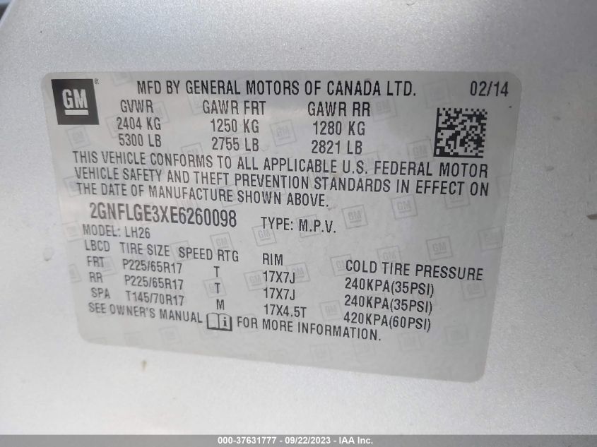 2014 CHEVROLET EQUINOX LT - 2GNFLGE3XE6260098