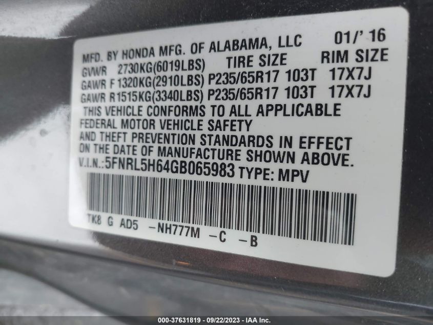 2016 HONDA ODYSSEY EX-L - 5FNRL5H64GB065983