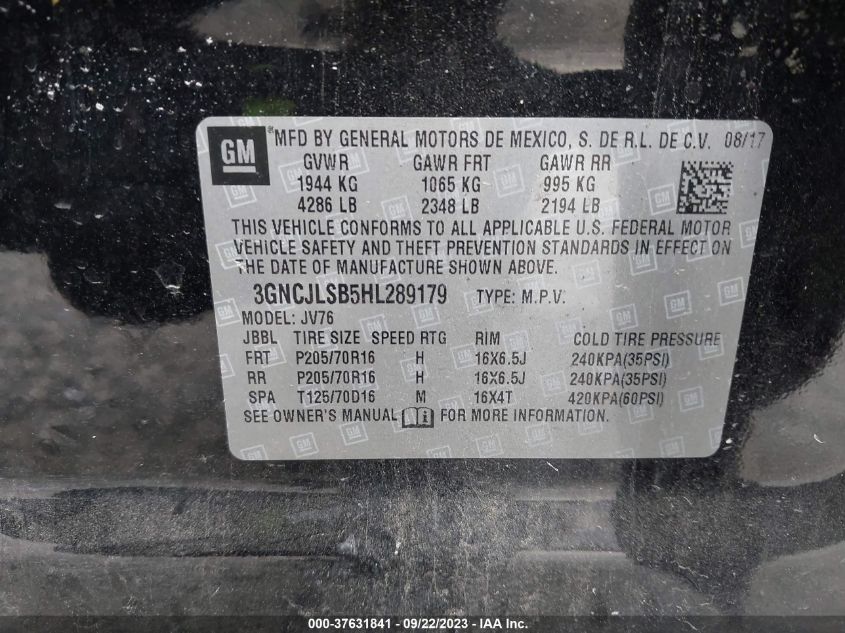2017 CHEVROLET TRAX LT - 3GNCJLSB5HL289179