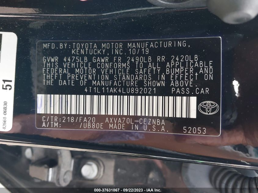 2020 TOYOTA CAMRY LE - 4T1L11AK4LU892021