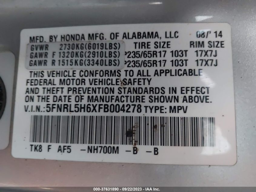 2015 HONDA ODYSSEY EX-L - 5FNRL5H6XFB004278