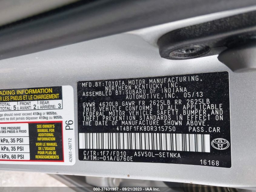 2013 TOYOTA CAMRY L/LE/SE/XLE - 4T4BF1FK8DR315750
